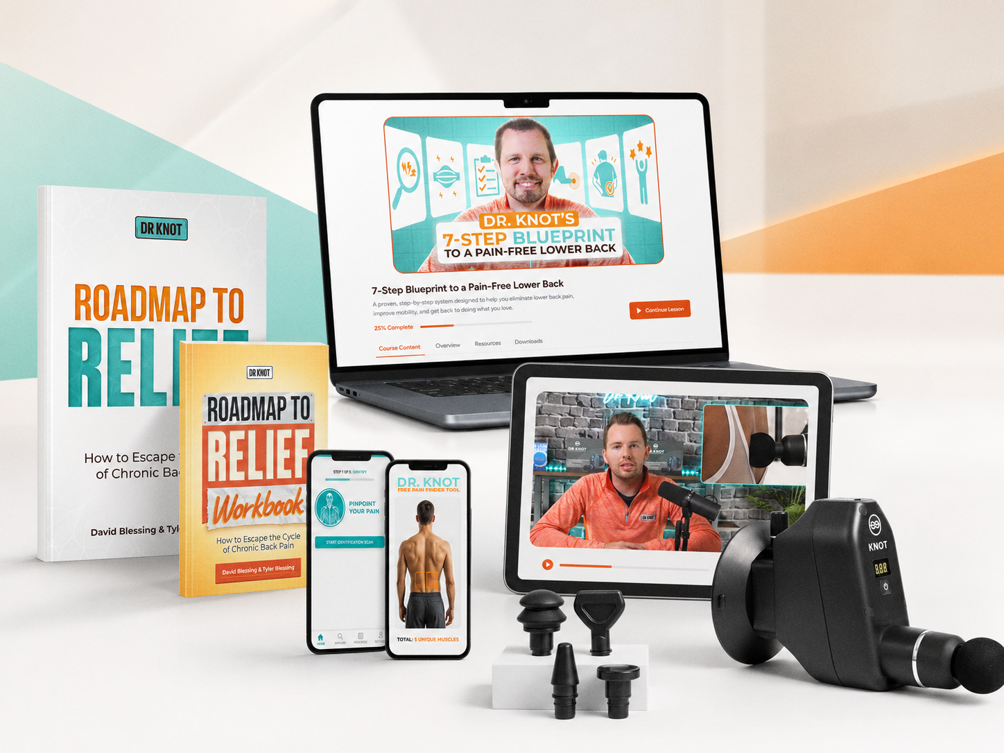 Roadmap to Relief, Dr. Knot lessons, the KnotFinder App, and the wall-mounted massage gun